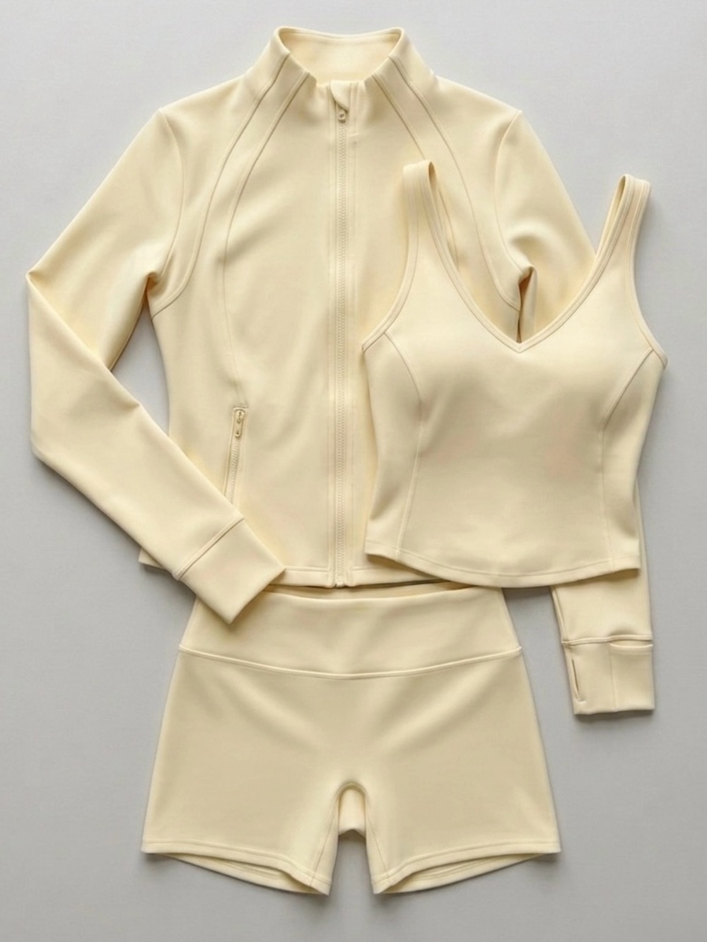 New 3-Piece Gym Athletic Set In Cream Yellow - Zip Jacket, Tank & Shorts